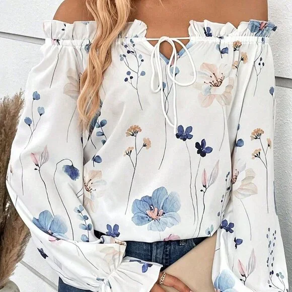 White Boho Women's Plus Size Vacation Loose Off-Shoulder Blouse - Picture 4 of 5